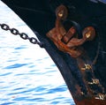 Closeup shot of a metal hook on a ship in the ocean