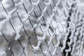 Closeup shot of a metal net fence covered in snow Royalty Free Stock Photo