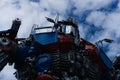 Closeup shot of a metal statue of Optimus Prime