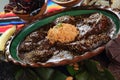 Closeup shot of Mexican Chicken Mole dish on background of the ingredients