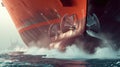 A closeup shot of a mive container ships propellers churning the water emphasizing the size and power of these vessels Royalty Free Stock Photo