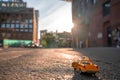 Closeup shot of a model taxi car in a street in New York, USA