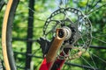 Closeup shot of a modern bicycle hydraulic disc brake