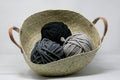 Closeup shot of multicolored knitting wool balls in a basket Royalty Free Stock Photo