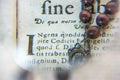 Closeup shot of a necklace on a page in the Holy Bible under a magnifying glass