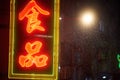 Closeup shot of a neon sign on a building at night in Mong Kok street, Hong Kong