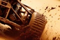 A closeup shot of a offroad racing cars front end as it battles its way through a river of mud. Speed drive concept. AI