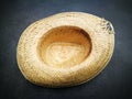 Closeup shot of an old straw hat made of raffia on gray background