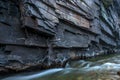 Closeup shot of old textured glacial rocks by the bridal veil waterfalls in rondane national park in norway.