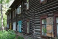 Closeup shot of an old traditional wooden house with windows in Tomsk, Russia