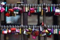 Closeup shot of the padlocks hanging on wall as symbols of love. Italy