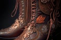 A closeup shot of a pair of brown fancy leather boots with ornaments