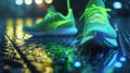 A closeup shot of a pair of running shoes with neon green accents featuring integrated tracking technology in the sole Royalty Free Stock Photo