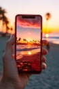 closeup shot of person holding mobile phone in hand and taking photo of sunset at sea, nature photography with Royalty Free Stock Photo