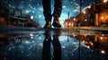 closeup shot of person standing in puddle after rain, reflection of night with stars and sky light, romantic abstract