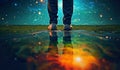 closeup shot of person standing in puddle after rain, reflection of night with stars and sky light, romantic abstract