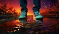 closeup shot of person standing in puddle after rain, reflection of night with stars and sky light, romantic abstract