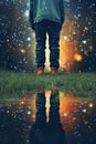 closeup shot of person standing in puddle after rain, reflection of night with stars and sky light, romantic abstract