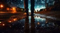 closeup shot of person standing in puddle after rain, reflection of night with stars and sky light, romantic abstract