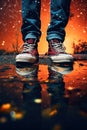 closeup shot of person standing in puddle after rain, reflection of night with stars and sky light, romantic abstract