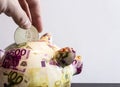 Closeup shot of a person tossing a coin into a piggy bank