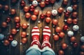 Closeup shot of a person's feet wearing red and white socks on a Christmas background, Ai-generated. Royalty Free Stock Photo