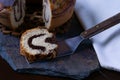 Closeup shot of a piece of delicious homemade marble pound cake on a baking spatula Royalty Free Stock Photo