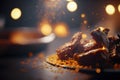 A closeup shot of a piece of meat with spices and herbs. Baked meat. Delicious dish. Artistic blur. ?dvertising background.