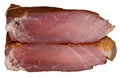 Closeup shot of a piece of smoked bacon cut in half isolated on a white background Royalty Free Stock Photo