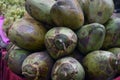 Closeup shot of a pile of coconuts on a blurred background