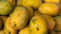 Closeup shot of a pile of mangoes at a market