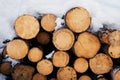 Closeup shot of a pile of wooden logs with a blanket of snow on top