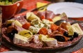 Closeup shot of a plate of cold cuts and cheeses with olives and cherry tomatoes