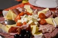 Closeup shot of a plate of cold cuts and cheeses with olives and cherry tomatoes