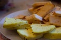 Closeup shot a plate of fried tofu