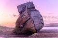 Closeup shot of the Point Reyes Shipwreck against a purple sky