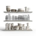 Closeup shot of a pots, cups and other kitchen utensils in shelves on an isolated background Royalty Free Stock Photo