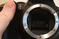 Closeup shot of a professional camera's Lens Mount and its mirror Royalty Free Stock Photo