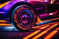 Closeup shot of racing car tire with dreamlike visuals neon effect