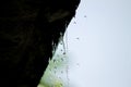 Closeup shot of rain flowing down from a roof down