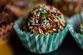 Closeup shot of rainbow sprinkle munchkins on paper muffin cups