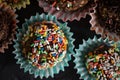 Closeup shot of rainbow sprinkle munchkins on paper muffin cups