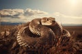 A closeup shot of a rattlesnake in the desert