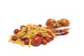 Closeup shot of raw pasta, tomatoes, and mozzarella isolated on a white background Royalty Free Stock Photo