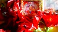 Closeup Shot Red Flowers Of Indian Hindu Worship. Maha Lakshmi Puja Or Worship.