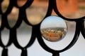 Closeup shot of the red fort in the old town of Delhi, India in a glass ball