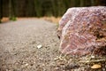 Closeup shot of a red rock at the edge of a road