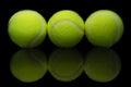 Closeup shot of the reflection of three tennis ball on a reflective black surface