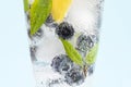 Closeup shot of a refreshing drink with fresh blueberries and green leaves with ice cubes Royalty Free Stock Photo