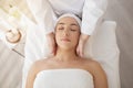 Closeup Shot Of Relaxed Indian Woman Enjoying Neck Massage At Spa